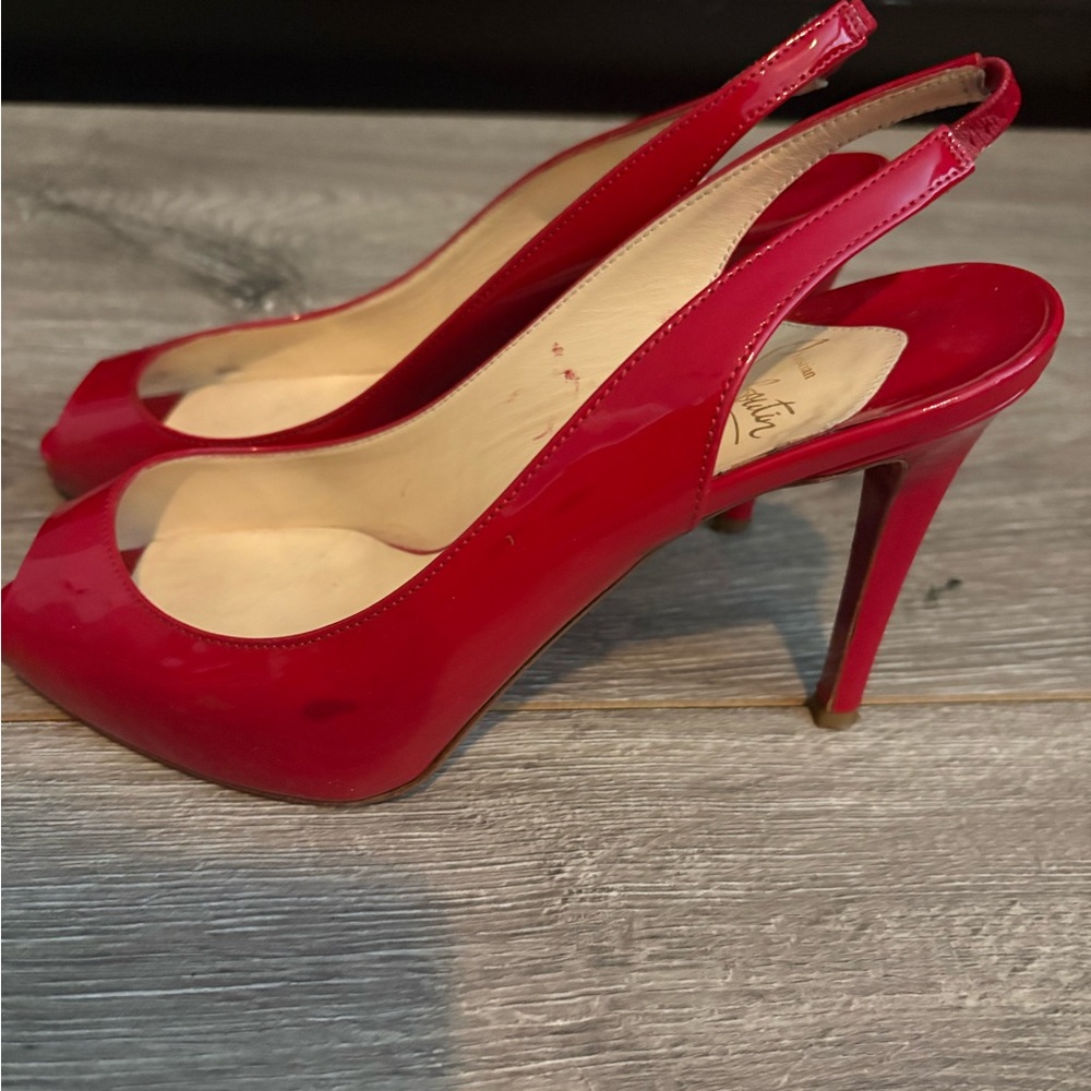 Christian Louboutin Red Patent Peep-Toe Slingbacks - Picture 3 of 7